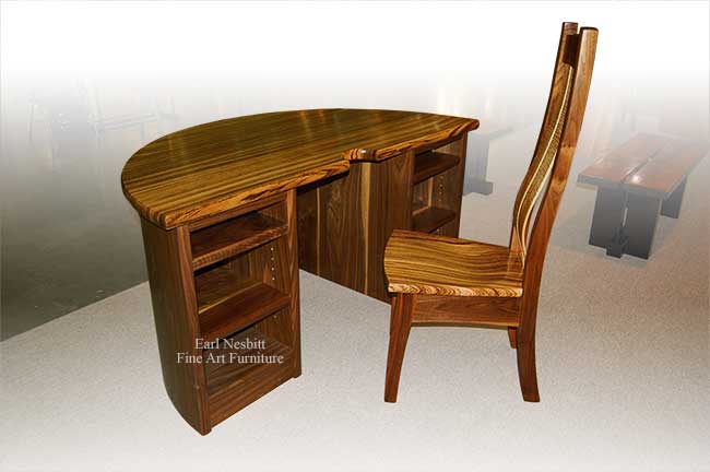 designer desk with chair showing adjustable shelves